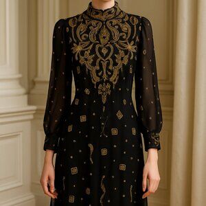 Fantasy by Lisa Kane silk black gold beaded long sleeve high neck midi dress, L